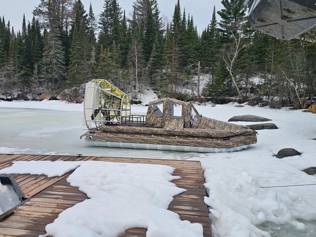 Bereg Airboat 560 navigating spring breakup ice in Ontario
