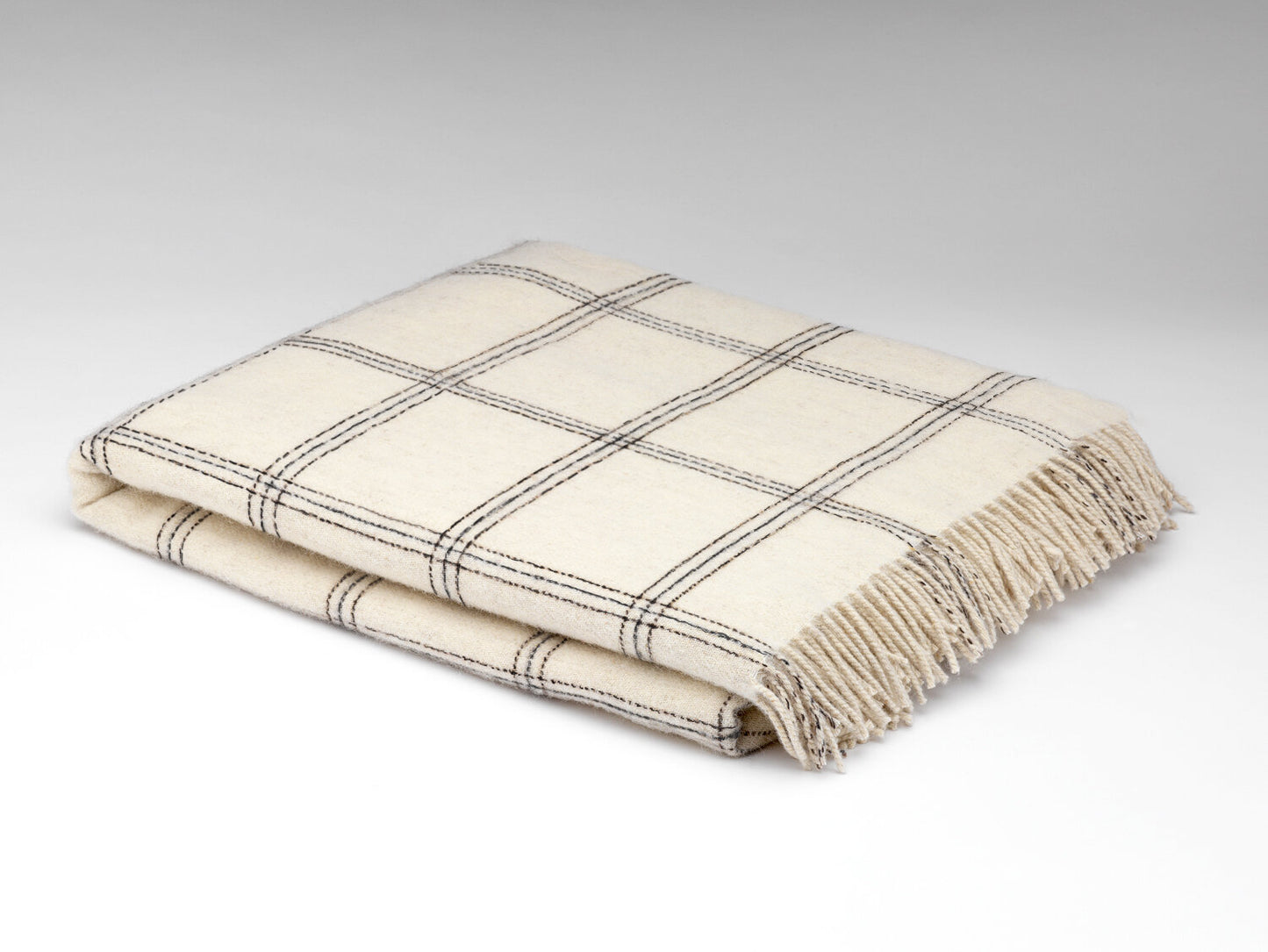 Folded plaid blanket with fringe on a light gray background