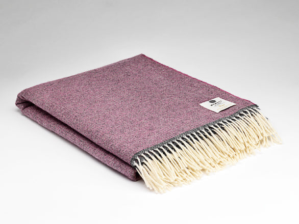 Purple blanket with white fringe on a light gray background