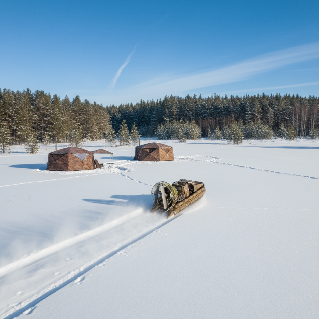 Bereg 560 Airboat and Hexagon Tents Winter Scene