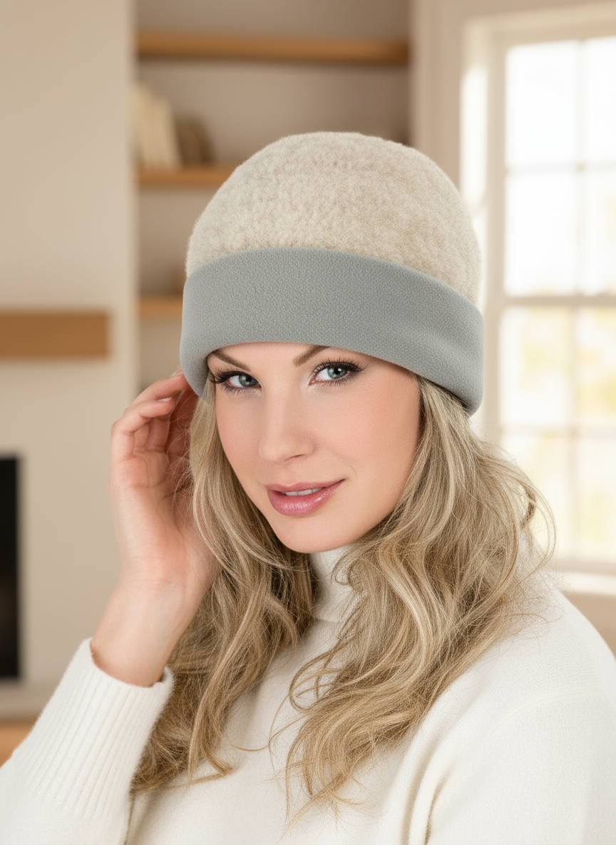 Close-up Portrait - Beige and Grey Merino Wool Beanie