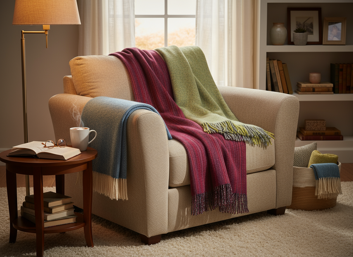 Cozy reading nook with throws