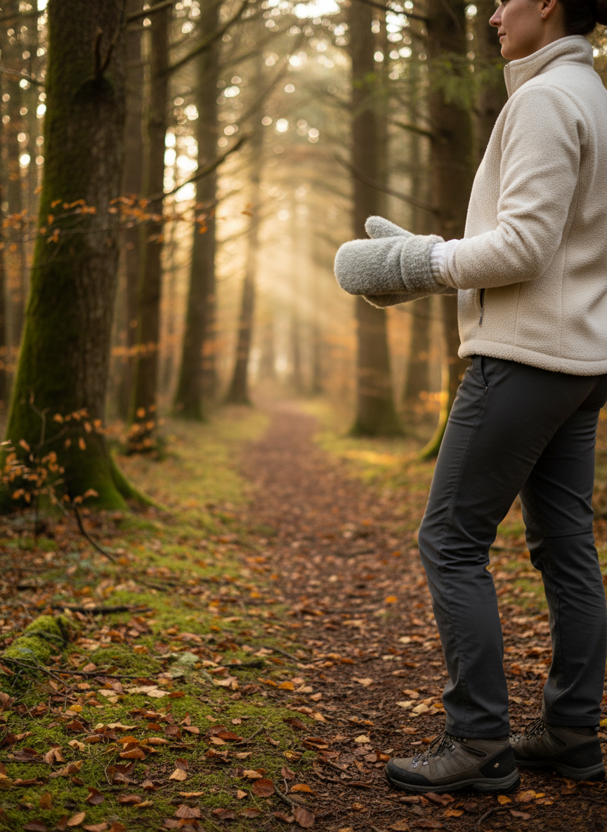 Person Walking in Woods with Wool Mittens