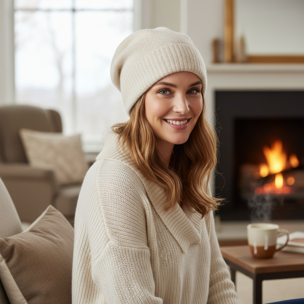 Person wearing cream slouchy merino cashmere hat